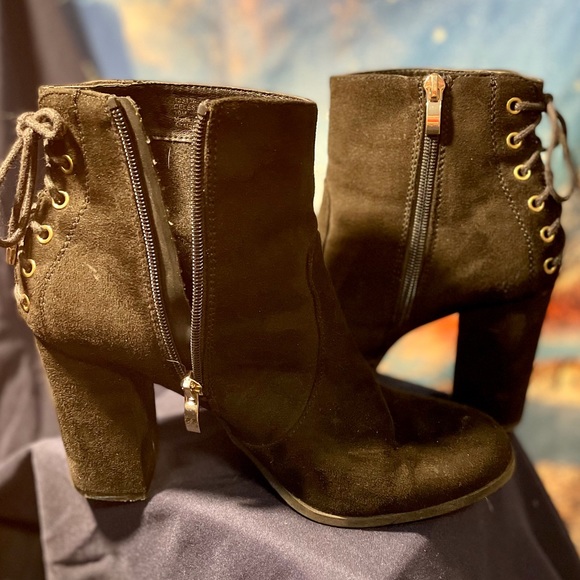 Limelight Shoes - Limelight Black Suede Lace X Zipper Heels